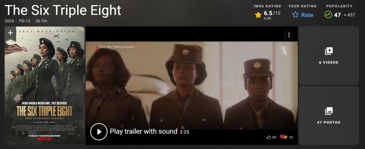 6888 중앙우편대대 (The Six Triple Eight) 정보 넷플릭스 추천영화 평점 순위 < 진짜 PC영화를 향해 갈린 국내 해외반응 >