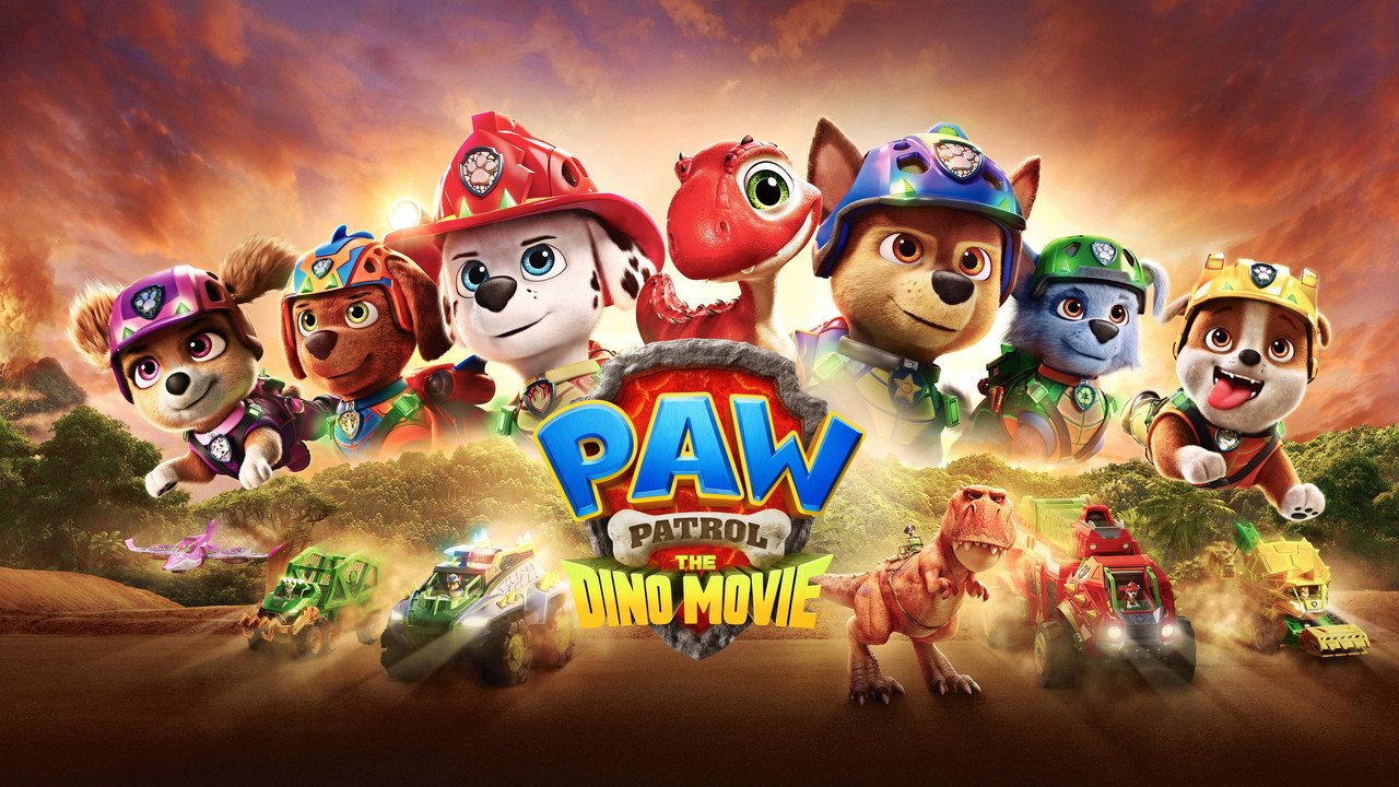 PAW Patrol The Dino Movie 영문 포스터. 강아지, 공룡, 화산이 한 구도에 있다