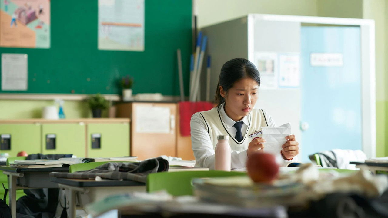 세계의 주인 교실 스틸, 교복 차림 학생이 책상에서 접힌 종이를 본다
