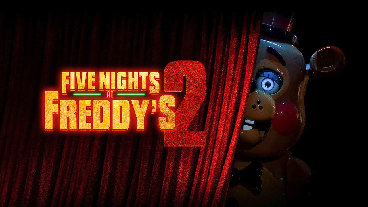 Five Nights at Freddy's 2 로고와 커튼 너머 곰 애니매트로닉