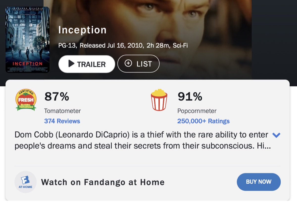 인셉션 로튼 토마토 평론가 평점