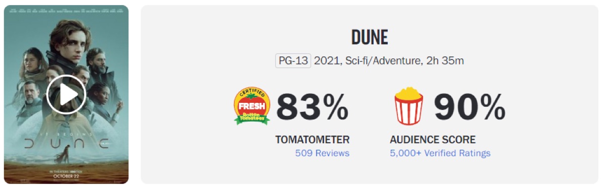 로튼 토마토 듄 파트1 해외 평점
